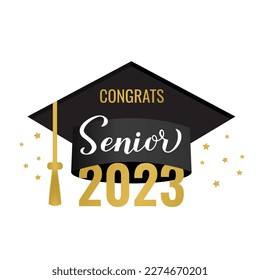 Senior 2023 lettering with graduation cap isolated on white. Congratulations to graduates typography poster.  Vector template for greeting card, banner, sticker, label, shirt, etc. 