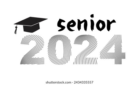 Senior 2024 with Graduation Cap and Graduate Year, vector school concept. Linear effect numbers on white.