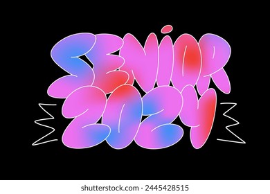 Senior 2024 handwritten funky balloon text. Class of 2024 graduate emblem. Bubble handwriting quote. Lettering design for t shirt, sticker, pin, tote bag, tee.