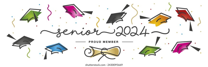 Senior 2024 handwritten typography lettering text. Hand drawn design with diploma colorful confetti and flying graduates caps line design on white background