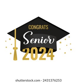 Senior 2024 lettering with graduation cap isolated on white. Congratulations to graduates typography poster.  Vector template for greeting card, banner, sticker, label, shirt, etc