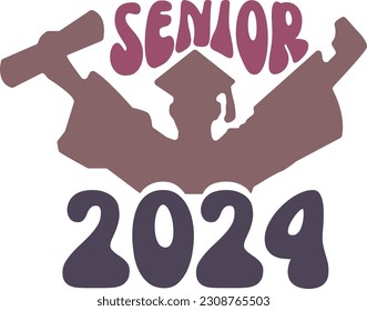 ¡Signo Senior 2024! para la fiesta de graduación con letras modernas y gorro de graduación gráfico, ideal para tarjetas, camisetas, decoración de tazas y productos para felicitar a los graduados.