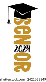 Senior 2024 - Typografie. schwarzer Text einzeln auf weißem Hintergrund. Vektorgrafik einer Graduiertenklasse von 2024.