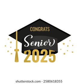 Senior 2025 lettering with graduation cap isolated on white. Congratulations to graduates typography poster.  Vector template for greeting card, banner, sticker, label, shirt, etc