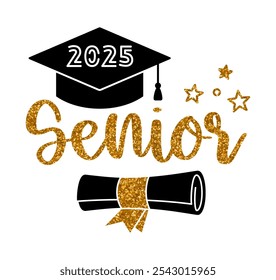 Senior 2025. Trendy calligraphy inscription with scroll and cap