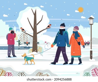 Senior active lifestyle outdoor concept. Senior couple walking with dog in the park, woman taking pictures of nature, man reading a book on the landscape background. Winter vector flat illustration.