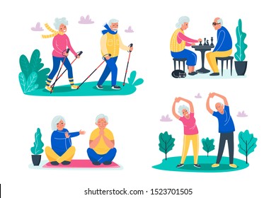 Concepto de actividades de alto nivel. Los ancianos caminan, juegan al ajedrez, hacen ejercicios al aire libre en el bosque y hacen yoga con caras felices. Estilo de vida deportivo en una jubilación para los pensionistas. Ilustración del vector