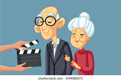 Senior Actors Filming Movie Scene With Art Director. Professional Elderly Actor And Actress Working On A Set Shooting A Motion Picture. Vector Illustration Depicting People From The Entertainment Indu