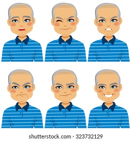 Senior adult bald man making six different face expressions collection