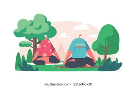 Senior Adult Couple Characters Doing Yoga in City Park, Practicing Meditation on Mat, Exercising, Keeping Active Healthy Lifestyle. Old People Activity, Retirement, Sport. Cartoon Vector Illustration