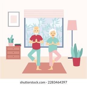 Pareja adulta mayor haciendo yoga en casa. Actividad de pareja de ancianos, jubilación, deporte, concepto de fitness. Practicar meditación, hacer ejercicio, mantener un estilo de vida activo y saludable. Ilustración del vector