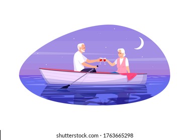 Senior adult couple semi flat vector illustration. Old husband and wife. People flirting in boat. Man and woman drink wine together. Romantic night date 2D cartoon characters for commercial use