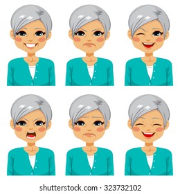 Senior adult happy woman making six different face expressions set