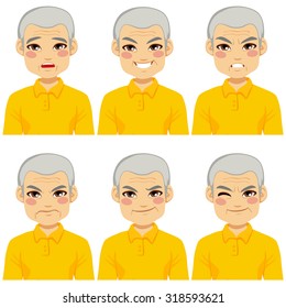 Senior adult man making six different face expressions collection