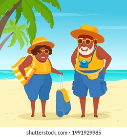 Senior Adult Tourist Couple Standing On A Sea Beach. Elderly People. Active Grandparents Travel. A Vector Cartoon Illustration.