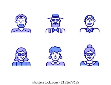 Senior adult users icons set. Pixel perfect, editable stroke color icon