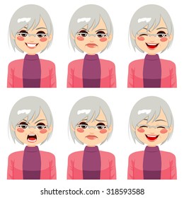 Senior adult woman making six different face expressions set