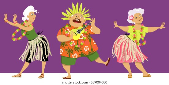 Senior Adults Characters Dressed For A Luau Party, EPS 8 Vector Illustration