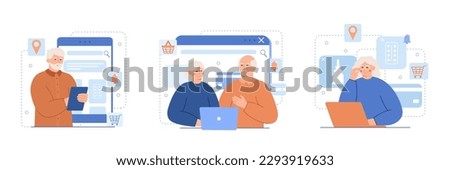 Senior adults purchasing wares over website. Elderly couple and lonely pensioner ordering goods via laptop and digital tablet. Old lady buying medicine over Internet. Set of flat vector illustrations