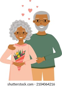 Senior african american loving couple. Eldelry african woman with flowers is standing near elderly man. Happy Valentines day. Black american grandparents. Vector illustration in flat style