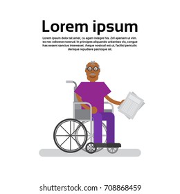 Senior African American Man On Wheel Chair Grandfather Flat Vector Illustration