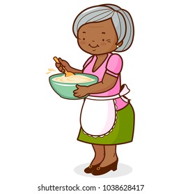 A Senior African American Woman Holding A Bowl And Cooking. Vector Illustration