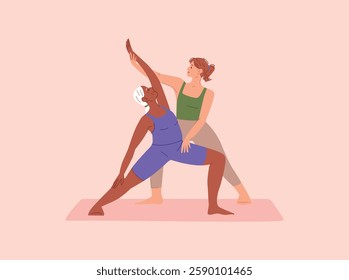 Senior AFRICAN AMERICAN WOMAN practicing YOGA with FEMALE INSTRUCTOR assisting. FITNESS training on MAT. HEALTH CARE, MOBILITY, STRETCHING. Flat VECTOR illustration on light background.