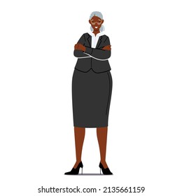 Senior African Business Woman Wear Formal Dress, Confident Aged Female Person Isolated on White Background. Elderly Manager or Coach Character with Crossed Arms. Cartoon People Vector Illustration