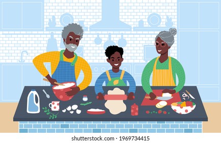 Senior african couple with kid making food together. Grandfather, grandmother and grandson preparing a meal in the kitchen. Grandparents teaching grandchild to cook. Flat style illustration