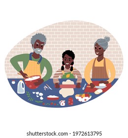 Senior african couple with kid making food together. Grandfather, grandmother and granddaughter preparing a meal. Grandparents teaching grandchild to cook. Flat style illustration