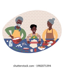 Senior african couple with kid making food together. Grandfather, grandmother and grandson preparing a meal. Grandparents teaching grandchild to cook. Flat style illustration