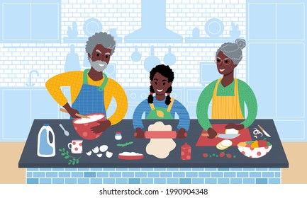 Senior african couple with kid making food together. Grandfather, grandmother and granddaughter preparing a meal in the kitchen. Grandparents teaching grandchild to cook. Flat style illustration