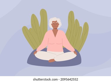 Senior african female person sitting outdoor at park and practicing yoga or meditation. Modern elderly woman with crossed legs closed eyes meditating. Vector illustration in flat style.