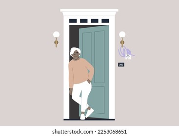 A senior African lady waiting in the doorway at the entrance at the building, daily neighborhood life