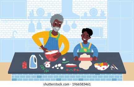 Senior african man and his grandchild preparing food together. Teaching child to cook. Grandfather and grandson time in the kitchen. Flat style vector illustration.