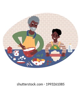 Senior african man and his grandchild preparing food together. Teaching child to cook. Grandfather and grandson time. Flat style illustration.