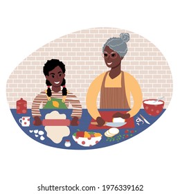 Senior african woman and her grandchild preparing food together. Teaching child to cook. Grandmother and granddaughter time. Flat style illustration.