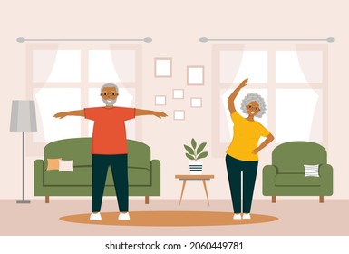 Senior afro american people do gymnastics at home. Elderly couple. Grandparents doing exercises. Sport at home. Morning exercises.Old black american people doing exercises. 