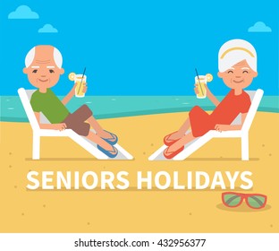 Senior Age Couple Family People On Summer Vacation. Retirement Travel. Vector Flat Illustration. 