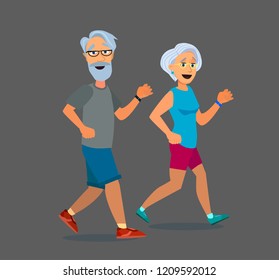 Senior age couple running. Cool vector flat character design on elderly man and woman jogging. Retired couple fitness healthy lifestyle