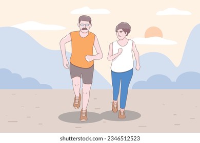 Senior age couple running, elderly man and woman jogging, people character vector illustration