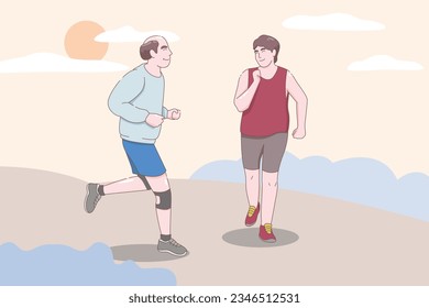 Senior age couple running, elderly man and woman jogging, people character vector illustration