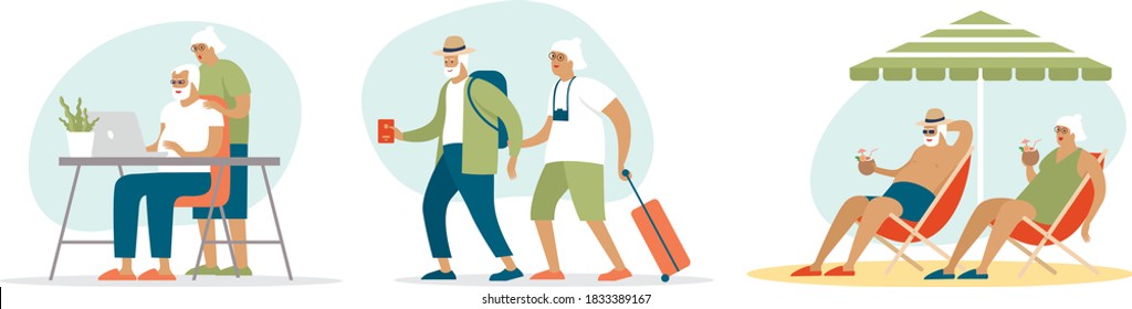 Senior age family booking trip or tickets online.Third age travelers ready for summer holidays. Active grandparents traveling to tropical resorts. Flat vector concept illustration of elderly travel