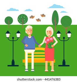 Senior age man and woman standing near the bench in the park. Retirement recreation concept illustration