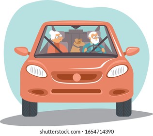 senior age travelers with their dog. Retired tourists on the road trip. Grandparents having holidays trip.  vector flat character design 