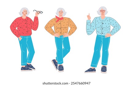 Senior aged, gray-haired woman standing full length and showing various emotions. Elderly female, grandma characters set, flat vector illustration isolated on white background.