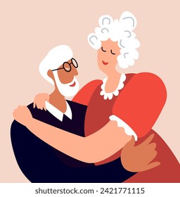 Senior Aged Loving Couple Hugging,Elderly People,Old Man,Woman in Love,Friendly Relations Spend Time Together,Close Romantic Relationships.St Valentine's Day Card.Cartoon Flat Vector Illustration