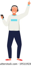 Senior aged male character dancing merrily listening to music on his phone through headphones