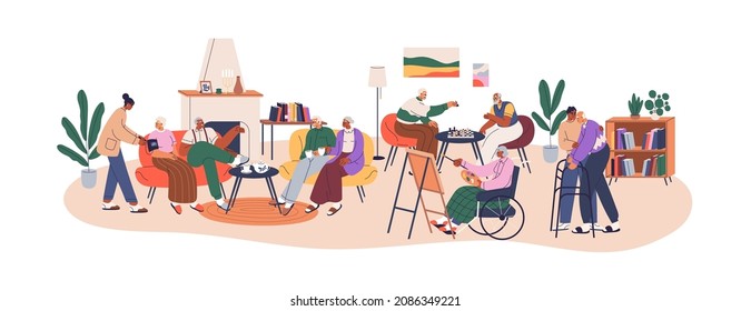Senior aged people living in nursing home. Caregivers caring about old men and women. Elederly resting in social center with leisure activities. Flat vector illustration isolated on white background