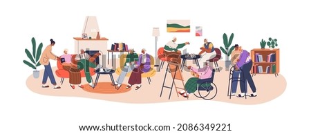 Senior aged people living in nursing home. Caregivers caring about old men and women. Elederly resting in social center with leisure activities. Flat vector illustration isolated on white background